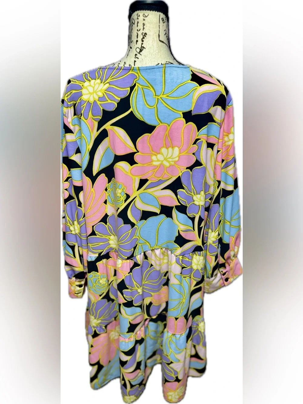 Floral Pastel Tiered Women’s Dress - Pink/Blue - Picture 3 of 7